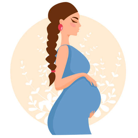 Beautiful pregnant woman. The girl is expecting a baby. Mother's love. Flat vector illustration.のイラスト素材