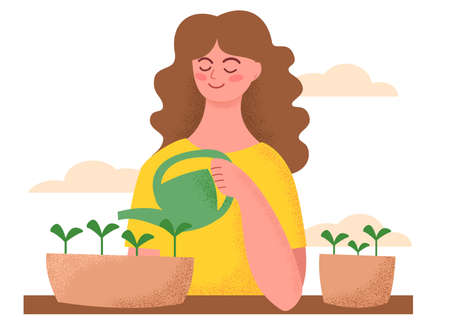 A woman caring for seedlings. Girl watering the sprouts of plants. Gardener, indoor flowers. Vector illustration.のイラスト素材