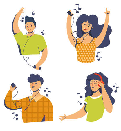 Happy people listen to music with headphones. Girls and men are dancing. Gadgets for listening to music. Flat vector illustration.のイラスト素材