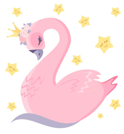 Lovely pink swan. The swan princess. Illustration for children, print on a T-shirt for a child. Bird in the crown.のイラスト素材