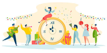 Vector illustration. Corporate party concept. Men and women are having fun. Happy New Year.のイラスト素材