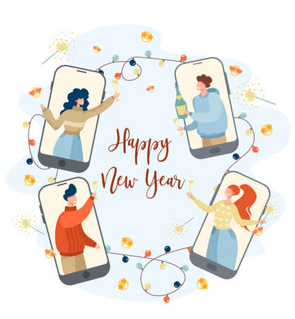 Friends celebrating the new year online. Party online, video call. New Year's card. Quarantine, isolation. Vector illustration.のイラスト素材