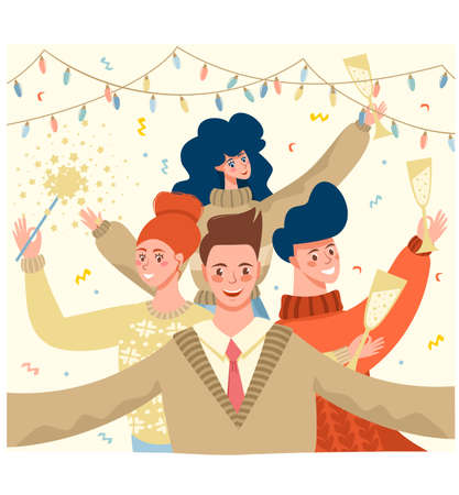 A man takes a selfie with friends. New Years celebration. Merry Christmas. Group photo of friends. People are having fun and drinking champagne. Vector illustration.のイラスト素材