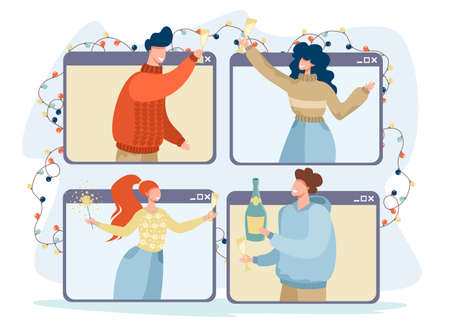 Friends celebrating the new year online. Party online, video call. New Year's card. Quarantine, isolation. Vector illustration.のイラスト素材