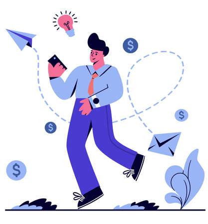 Flat vector illustration. Male businessman. The man is in a hurry with the phone. Sending mobile mail.のイラスト素材