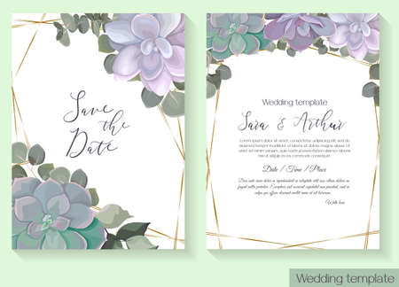 Floral design for wedding invitation. Juicy succulents, green eucalyptus, gold frame. Template for your text.のイラスト素材