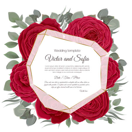 Floral design for wedding invitation. Gold frame in the shape of a crystal, red roses, green plants, eucalyptus.のイラスト素材