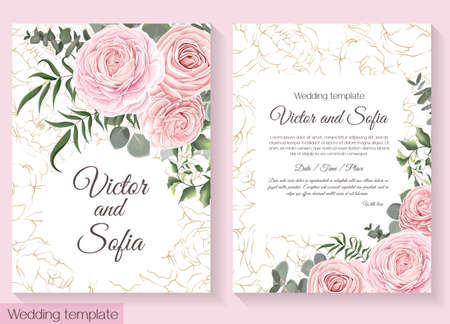 Vector floral template for wedding invitation. Pink roses, eucalyptus, green plants and leaves, asiatic buttercup.のイラスト素材