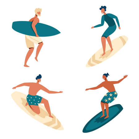 Vector set with people who surf. Young guys surfing. Extreme and summer sport. Flat illustration.のイラスト素材