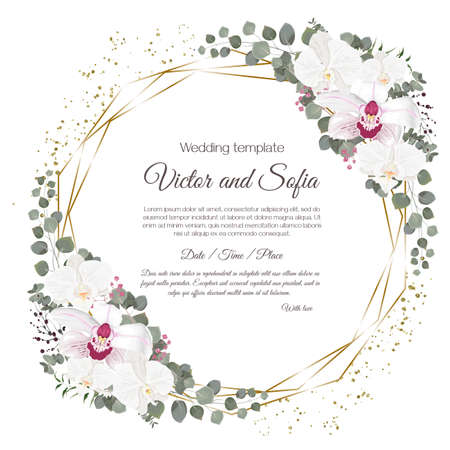 Vector floral frame for a postcard. White and royal orchids, eucalyptus, green plants and leaves, gold sequins.のイラスト素材