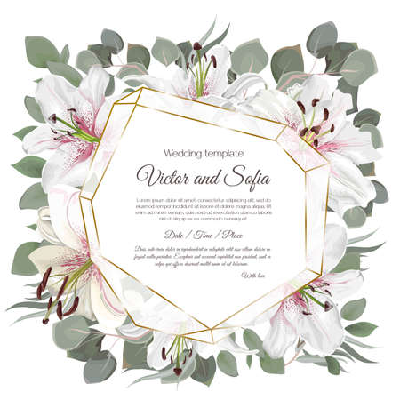 Greeting card for wedding invitation. White lilies, eucalyptus, elegant twigs. Floral template for your text.のイラスト素材