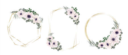 Vector floral frames for cards and invitations. White anemones, eucalyptus, gypsophila, green plants and leaves. Collection of frames with flowers on white background.のイラスト素材