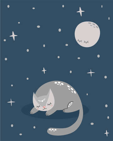 A cute kitty sleeps under the moonlight. Childrens illustration. Night sky and stars. Vector illustration for print on baby clothes.のイラスト素材