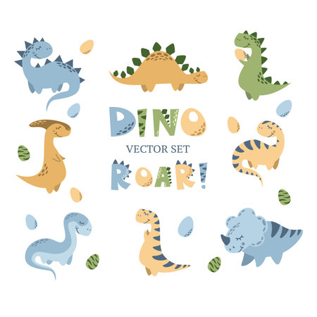 Vector set of different dinosaurs. Cute childish illustration. Collection of monsters. Prints for baby clothesのイラスト素材