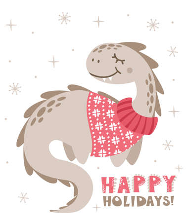 Cute dinosaur in a Christmas sweater. Postcard to the New House. Happy Holidays lettering. Print for childrens clothing. Vector dragon.のイラスト素材