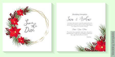 Vector template for wedding or Christmas party invitation. New Years design. Gold frame, spruce branches, poinsettia flowers, red berries.のイラスト素材