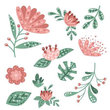 Vector flower set. Cute pink flowers in a minimal style. Berries, flower arrangements, leaves and plants. Flowers on a white background.のイラスト素材