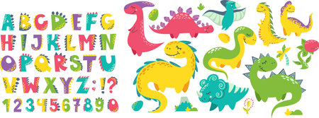 Vector set for printing on baby clothes. Dinosaurs, letters, numbers, volcano, carnivorous plants, flowers, twigs, alphabet stylized as dinosaurs. Bright letters and monsters.のイラスト素材
