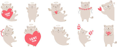 Collection of cute cats cupids. Collection of cute angels for valentines day. Baby vector illustration.のイラスト素材