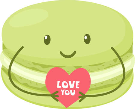Cute macaron holding a heart with the inscription I love you. Cake with a face and handles. Illustration for valentines dayのイラスト素材