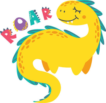 Childrens vector illustration. Cute dinosaur and Roar littering. Illustration for print on childrens clothing.のイラスト素材