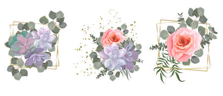 Vector flower set for wedding design. Succulents, pink roses, eucalyptus, plants, leaves, golden elements. Flowers on a white backgroundのイラスト素材