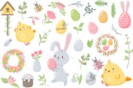 Cute vector easter set. Multicolored eggs, plants, rabbit and chickens, insects, spring elements for...