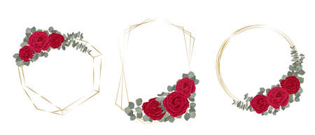 Vector set of different golden frames and red flowers. Red roses, eucalyptus, green plants and flowersのイラスト素材