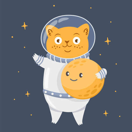 Cute vector print for kids clothes. Red cat astronaut holds the moon in his hands.のイラスト素材