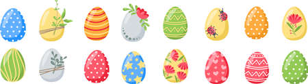 Vector set of Easter eggs. Elements for Easter decor. Easter eggs decorated with plants, flowers, ladybugs and different flowers.のイラスト素材