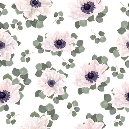 Seamless vector pattern. White anemones, eucalyptus, green plants and leaves. Elements for wedding designのイラスト素材