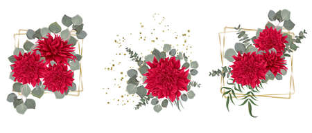 Vector flower set for wedding design. Red dahlia, eucalyptus, plants, leaves, golden elements. Flowers on a white backgroundのイラスト素材