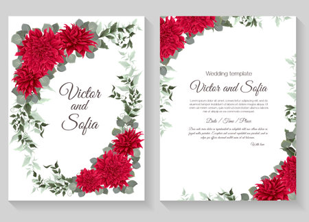 Vector template for wedding invitation. Red dahlia, eucalyptus, green leaves and plantsのイラスト素材
