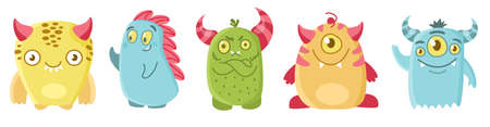 Vector set for childrens illustration. Cute toothy monsters. Little dinosaurs.