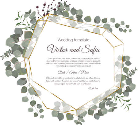 Vector herbal wedding invitation template. Different herbs, green plants and leaves, round frame. All elements can be isolatedのイラスト素材