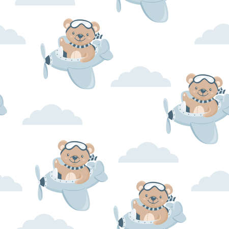 Seamless vector pattern. Cute teddy bear flying through the sky on an airplane. Blue clouds. Delicate pattern for childrens clothesのイラスト素材