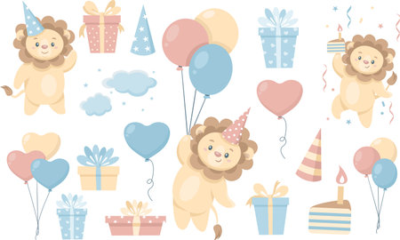 Greeting vector set. Little lion cub celebrating birthday, flying on balloons, jumping with cake in hand. Gifts, balloons, cloudsのイラスト素材