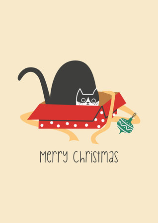Vector New Year card. Cute cat sitting in a Christmas gift box.のイラスト素材