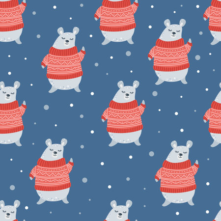 Seamless vector pattern. Cute teddy bear in a Christmas sweater. Bear in the snowのイラスト素材