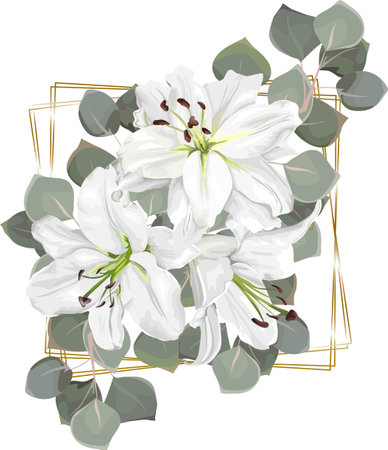 Floral vector composition. White lilies, eucalyptus, golden figures. Flowers on white backgroundのイラスト素材