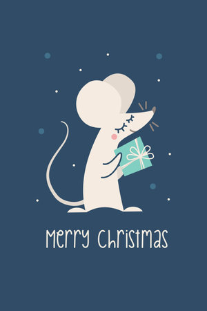 Vector New Year card. Cute mouse holding a gift in his pawsのイラスト素材