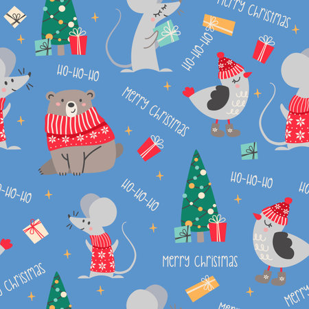 A seamless vector Christmas pattern. Cute teddy bear and mouse in a Christmas sweater. Birdie in winter hat and valenki. Christmas tree with giftsのイラスト素材