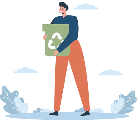 Flat vector illustration. A happy man holding a trash can with a recycling symbol. The concept of respect for nature, recycling of garbageのイラスト素材