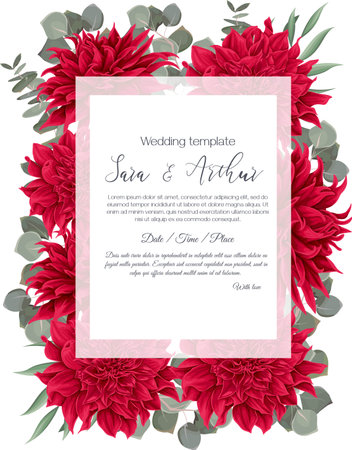 Vector template for wedding invitations. Red chrysanthemums, dahlias, green leaves and plants.のイラスト素材