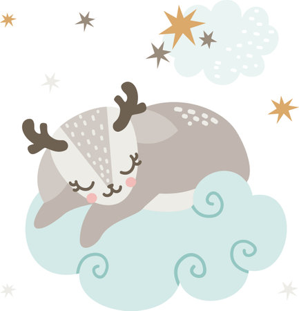 Vector childrens illustration in Scandinavian style. Cute little deer sleeping on a cloud, starsのイラスト素材