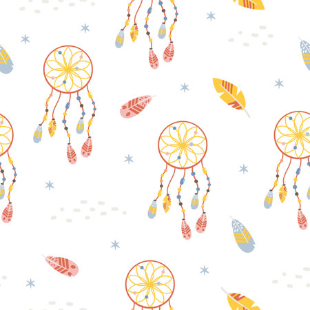 Seamless vector pattern in Indian style. Bright colored dreamcatcher and feathersのイラスト素材