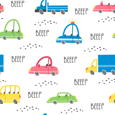 Childrens seamless vector pattern with cars. Multicolored different cars. Lettering the Wroom and Beepのイラスト素材