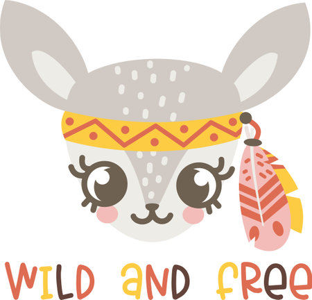 Cute childrens vector illustration. Muzzle of a fawn in a crown of feathers. Inscription wild and free. Illustration for printing on childrens productsのイラスト素材