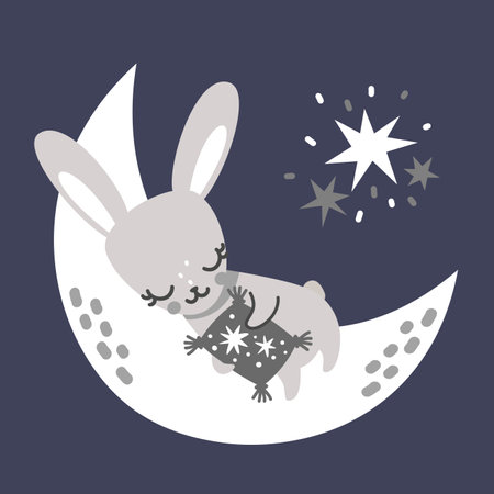 Vector illustration in Scandinavian style. Cute rabbit sleeping on the moon. Hare hugging a pillow. Childrens illustration and sweet magical dreamのイラスト素材