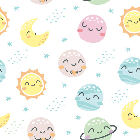 Seamless vector pattern. Childrens pattern for printing on products. Cute planets with smiling faces.のイラスト素材